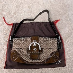 Coach Shoulder Bag in Brown and Tan w/ Suede accents | Signature Monogram Canvas